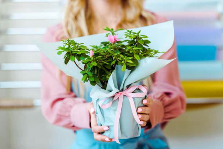 Cropped View Of Woman Holding Flower Bouquet With Wrapping Paper